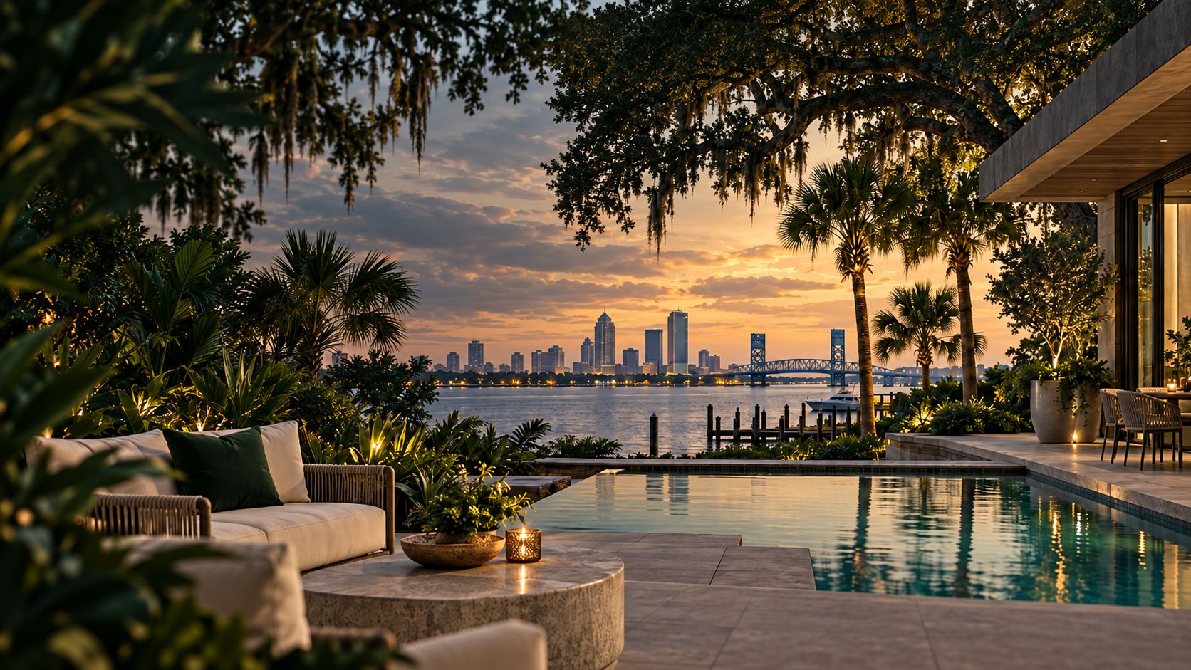 Riverfront terrace and pool at dusk looking across the St. Johns River to the Jacksonville skyline